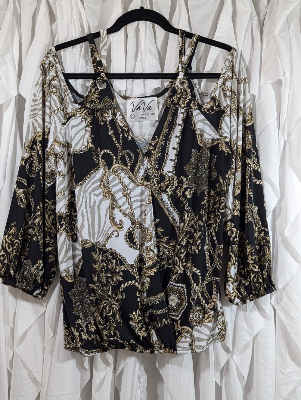 VaVa by Joy Han Rope Chain Print Top Women XL Cold Shoulder Peasant Sleeve Wrap